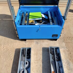 Heavy-duty metal storage box for S-50 Standard Kit with bracket and organiser trays